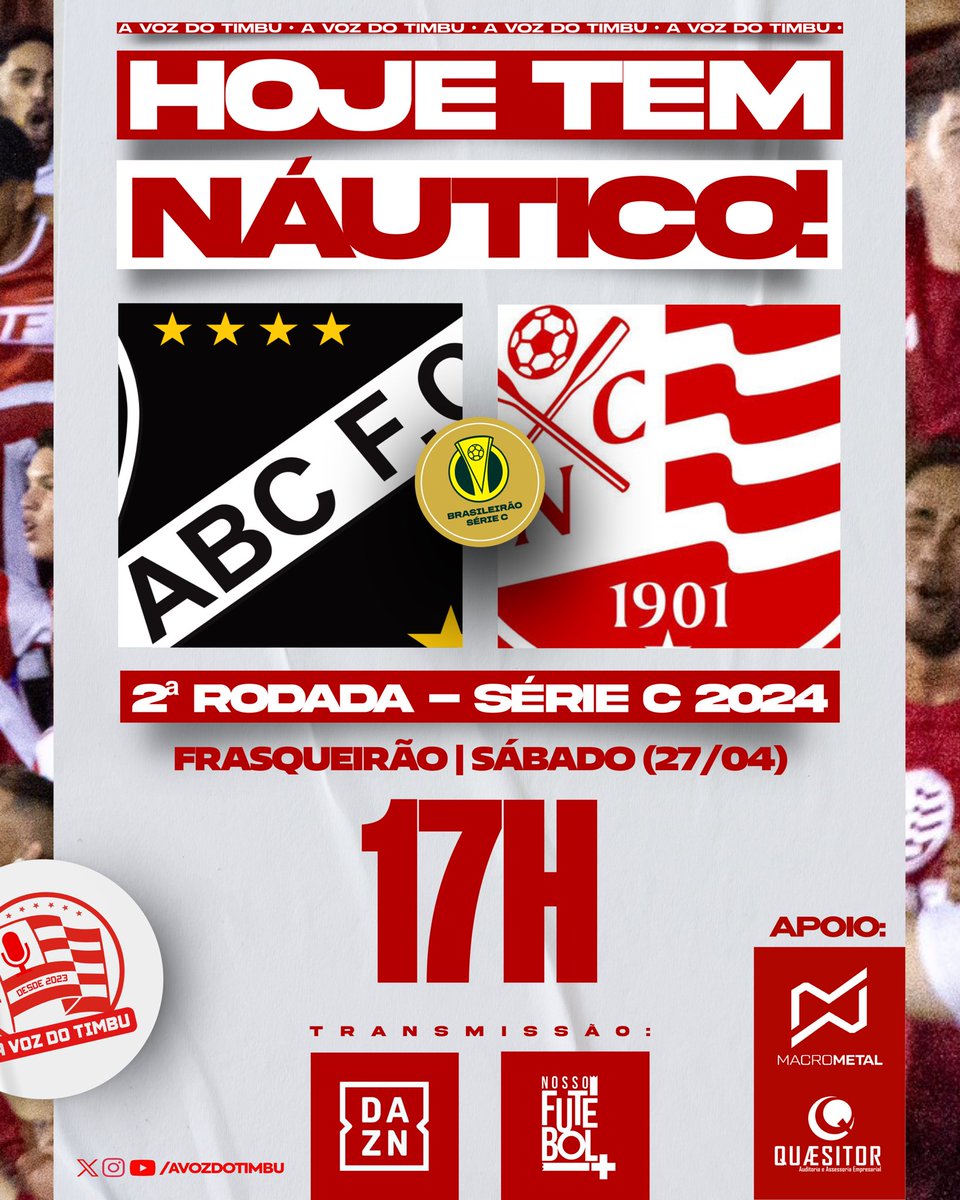 avozdotimbu's tweet photo. HOJE TEM NÁUTICO! #PraCimaDelesTimbu 🇦🇹
🆚 ABC/RN x Náutico
🏆 Campeonato Brasileiro Série C 2024
🏁 2ª Rodada
📅 Sábado (27/04)
⏰ 17h
📍 Frasqueirão/RN
📺 DAZN e Nosso Futebol
#AVozDoTimbu 📢🐭 https://t.co/xVycnt2u9I