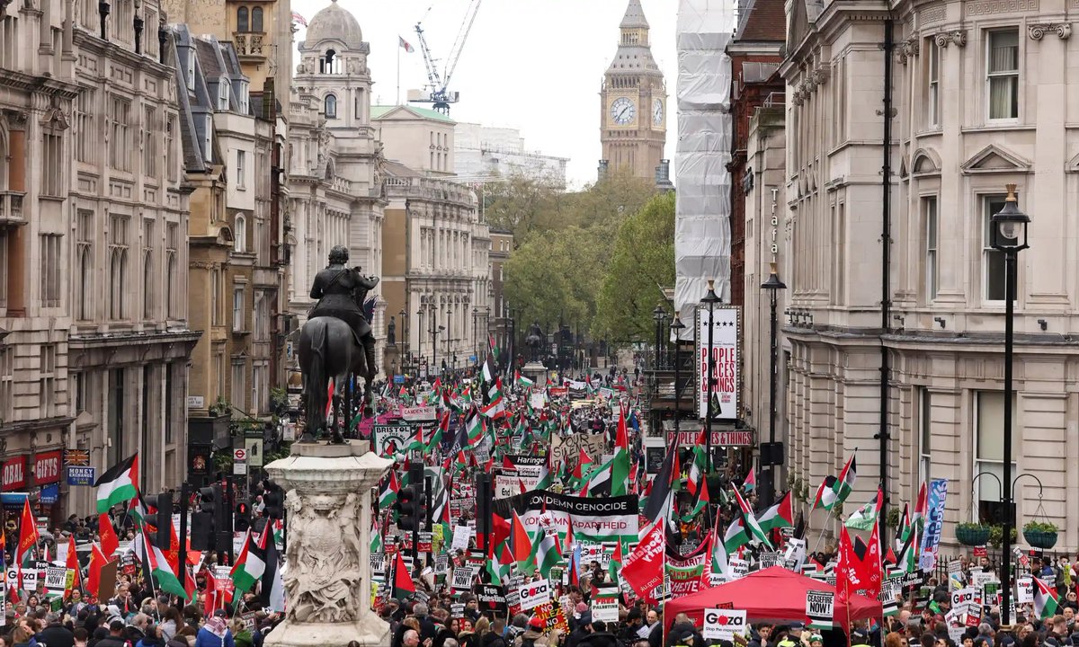 Thousands of pro-Palestinian protesters have begun marching in central London calling for an immediate ceasefire in Gaza. The march, organised by the Palestine Solidarity Campaign, set off from Parliament Square and will pass through Whitehall before ending at Hyde Park(Guardian)