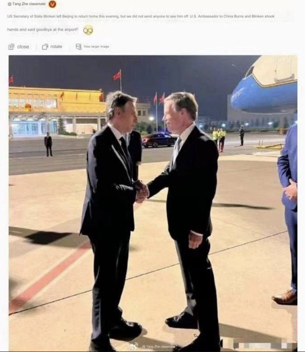 angeloinchina's tweet image. Blinken and the slap in the face he received during his visit in China.
Received at the airport by Chinese low level official and sent back to the airport by....nobody.

He got what he deserved, he insulted Chinese government before and during his visit, it shows clearly his…