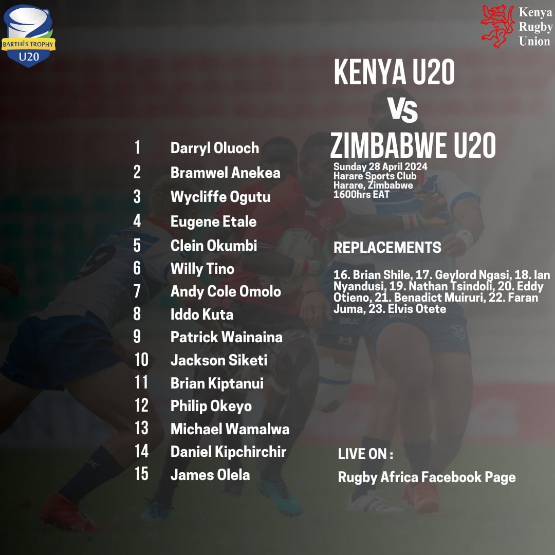 Chipu's line-up to face Zimbabwe U20 in the Rugby Africa U20 Barthes Trophy.

All the best team Chipu.

#RadullKE