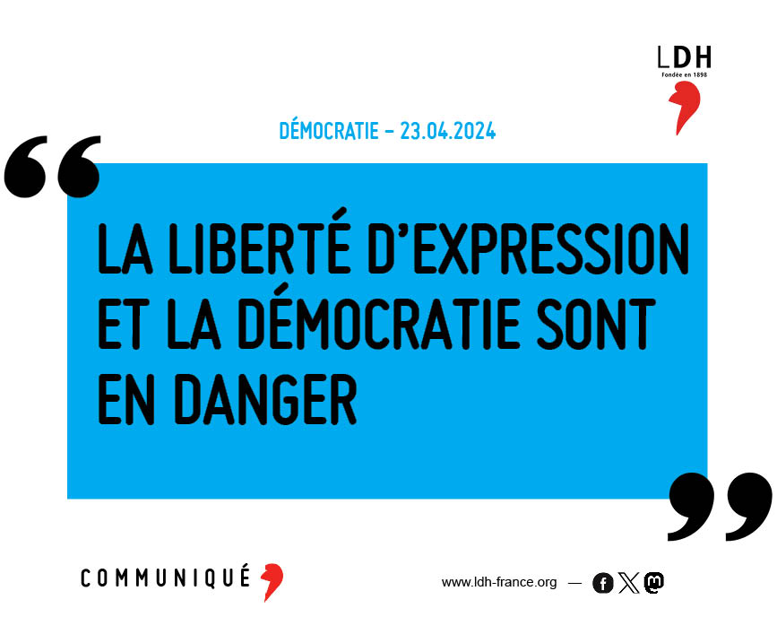 LDH_Fr's tweet photo. La liberté d’expression, même lorsqu’elle s’inscrit dans le cadre légal, n’a jamais autant été restreinte par l’Etat ou par ses représentants. La #LDH s’inquiète de la mise en danger de l’équilibre délicat instauré par la loi et les tribunaux.
➤ https://t.co/LJVMULzinT https://t.co/JcuhURvTN8