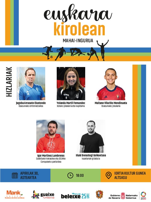 Euskara kirolean gaiari buruzko mahai-inguru bikaina. Erronka eta aldarrikapen asko ditugu euskaltzaleok, aisia horietako bat da. Apirilak 30, asteartea, 18:00etan Iortiako areto nagusian. Animatu zaitez!