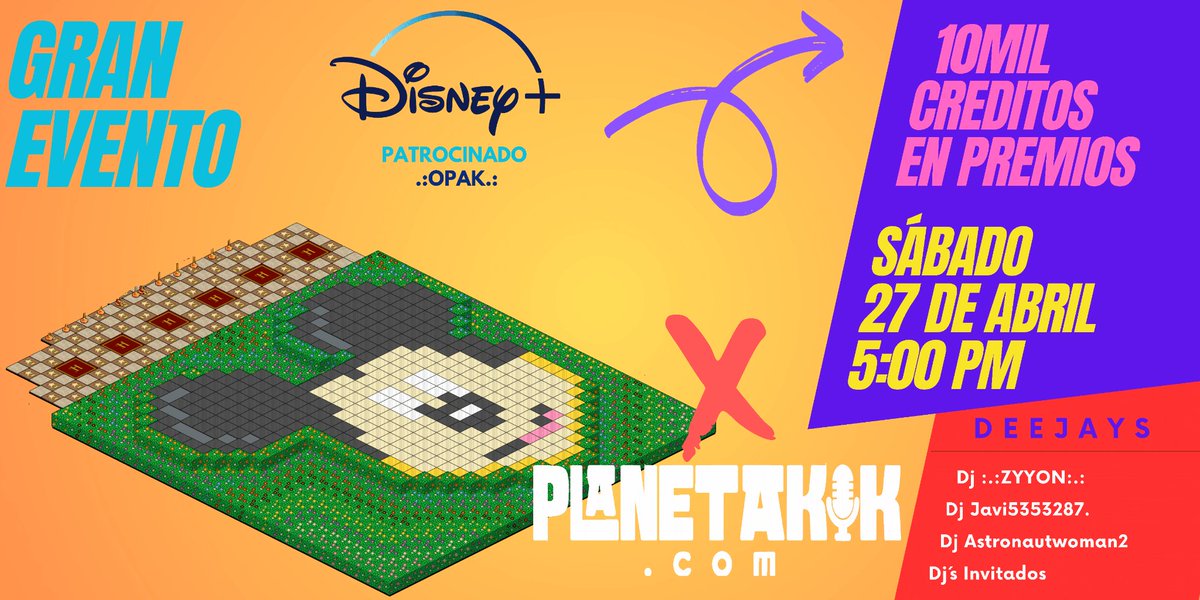 ¿Todo listo? ¡TODO LISTO!  ES HOOY te esperamos en el gran
✨|•Evento Disney•| ✨  con más de 10k en créditos, ¡NO TE LO PUEDES PERDER! con los mejores dj's, las mejores dinamicas y MÁS DE 10 SALAS EN JUEGOS, te esperamos en Planetakik.com 5pm MX ☄️🪐