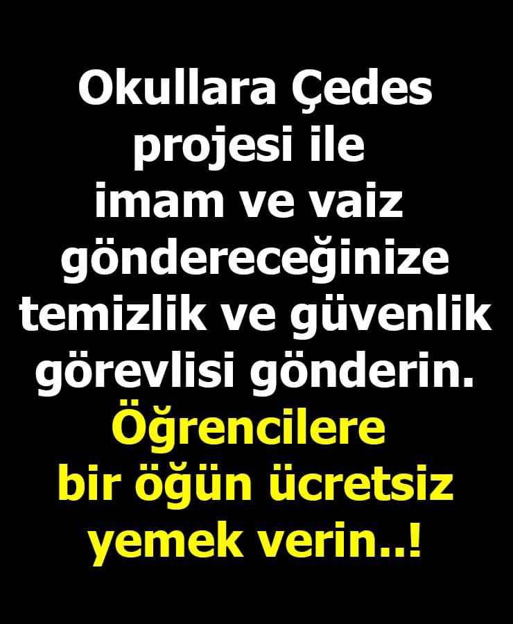 Ülkemizin eğtim kurumlarında çedes porojesi kapsamında din görevlisi imamları görmek istemiyoruz atanamayan öğretmenlerimizi atayın. Eğtimsiz çok bilmiş yobazların ülkemiz eğtim kurumlarında istemiyoruz çocuklarımızın kafasını karıştırmayın. 
#TarikatVeCemaatlerKapatılsın 😡😡