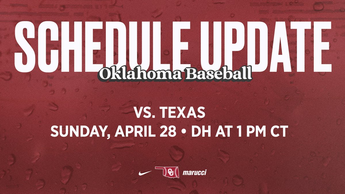 OU_Baseball's tweet photo. No ⚾️ today ⛈️
Due to forecasted weather, we will play a DH beginning at 1 p.m. CT tomorrow.
🔗 https://t.co/HTCvHlhwX4 https://t.co/z9SQfzFIRN