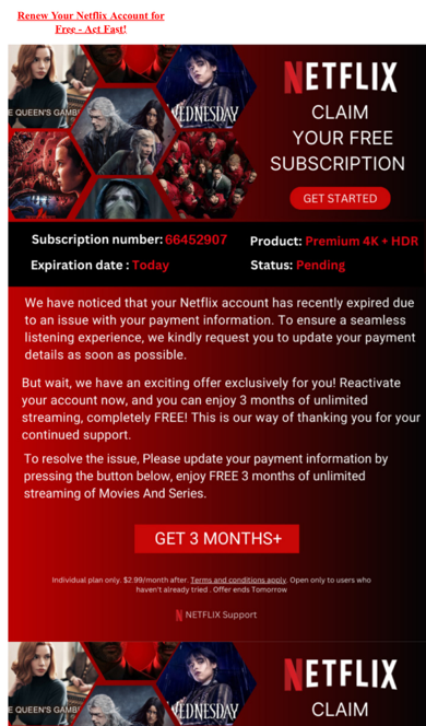 Beware of this email requesting you renew your Netflix subscription. The email is purporting to be Netflix this is a scam.  Don't respond to this email.  #ScamAware #BrumTS