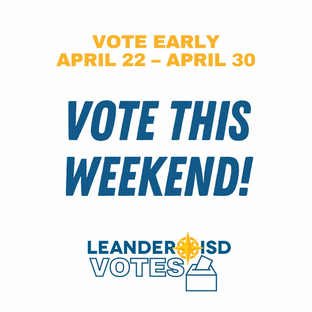 This is the only weekend that polls are open during the local municipal elections. Take time to vote today or tomorrow so your voice can be heard! 🗳️ TRAVIS Sat. 7am-7pm Sun. 12-6pm WILCO Sat. 8am-6pm Closed Sunday ℹ️ leanderisd.org/vote #txlege #txed #LISDvotes #1LISD