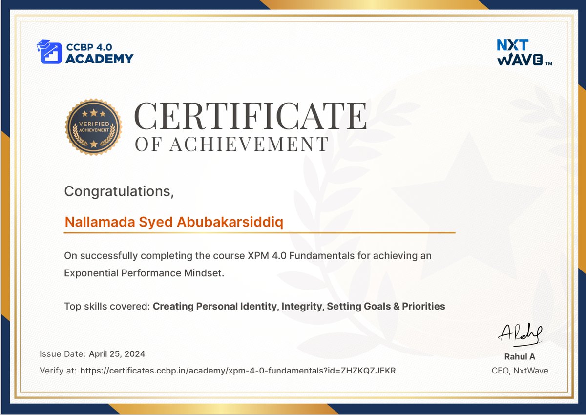 I got this certificate of achievement on successfully completing the course on XPM 4.0 Fundamentals. From NxtWave CCBP 4.0 ACADEMY. #nxtwave #nxtwaveteam #nxtwaveccbp #nxtwaverahulattuluri #sashankgujjulasir #coding #codinglife #codingchallenge #nxtwave_tech #NXTBattleground