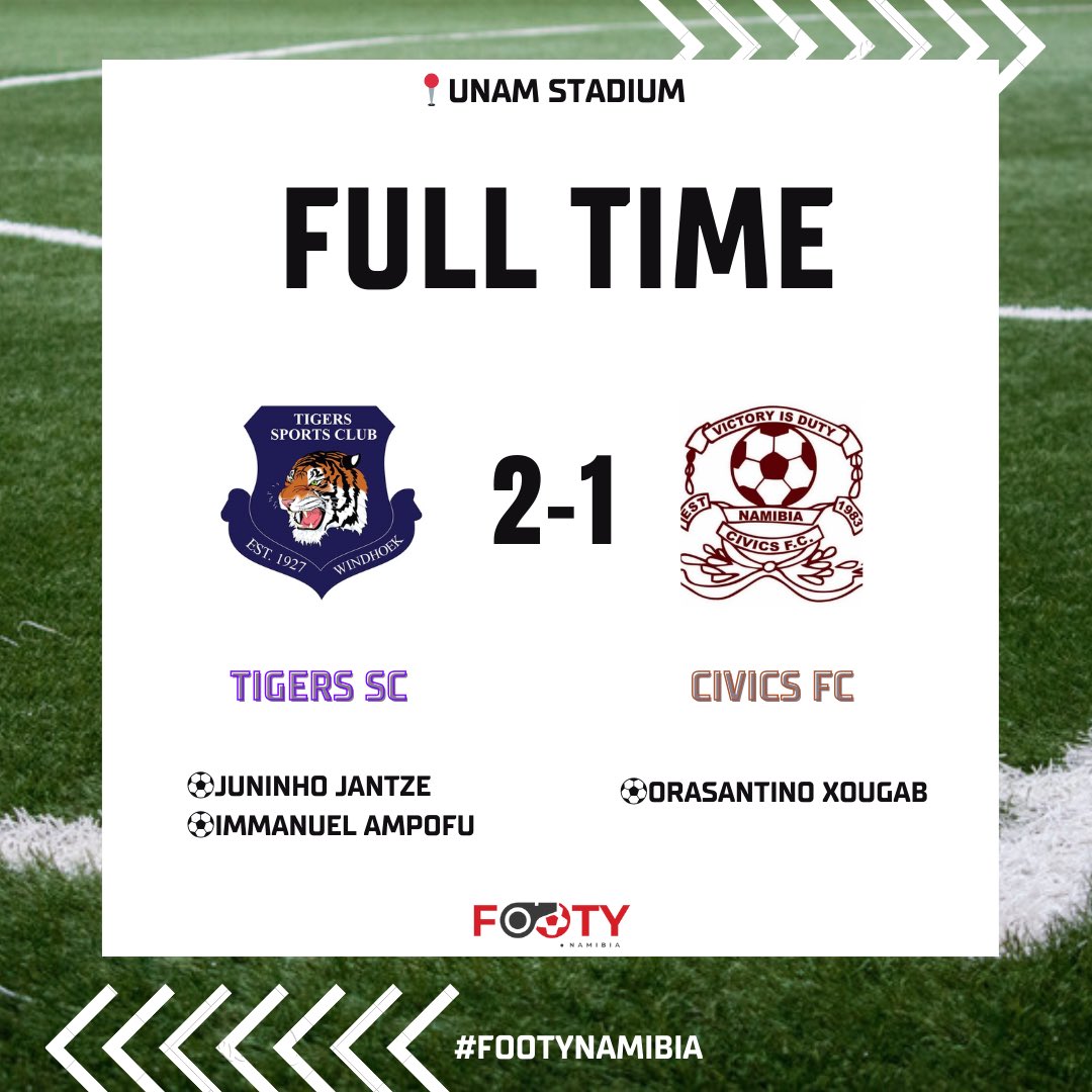 FootyNamibia's tweet image. 𝐅𝐔𝐋𝐋 𝐓𝐈𝐌𝐄 🚨: 

Tigers SC ends their 2023/24 season with a win.  They are currently 6th with 43 as they wait for other results and Civics finished 12th with 30 points

#footynamibia 
#finalgame