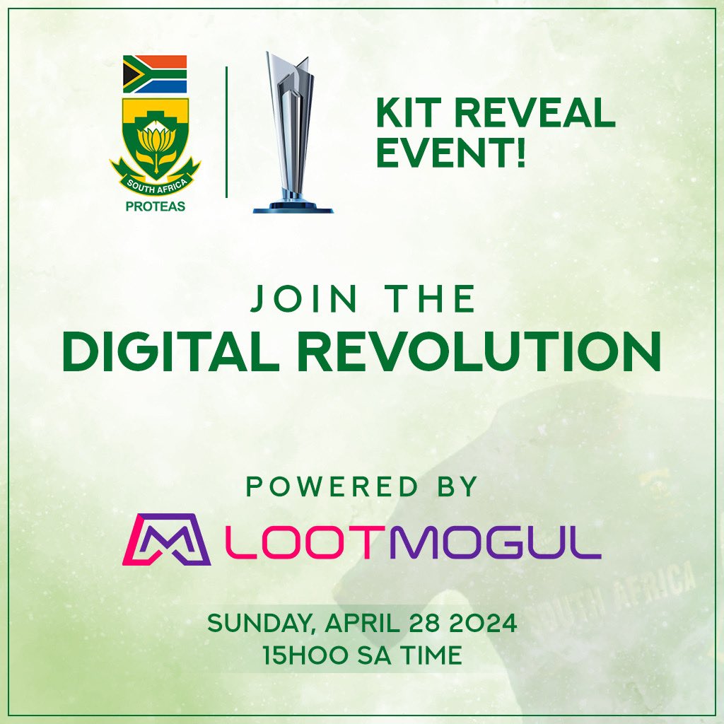 🏏 Get ready for the Proteas Kit Reveal Event, powered by Lootmogul! 🚀

Join us on Sunday, April 28, 2024, at 15h00 SAST for an electrifying digital experience.
 Don't miss this thrilling event – mark your calendars now! 🔥

#proteas #southafrica #southafricacricket #cricket