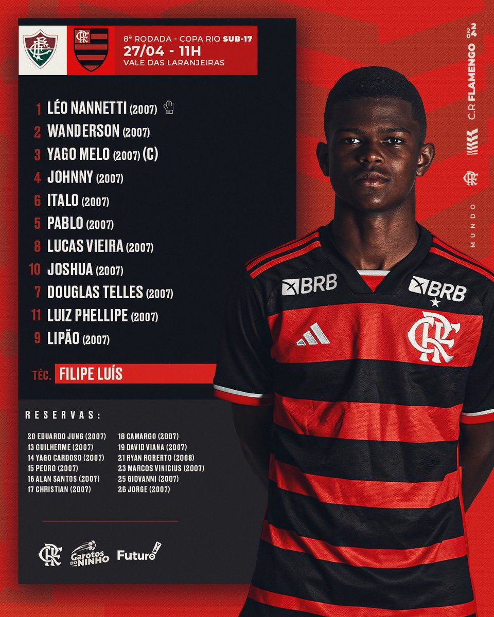 Escalação do Mengão para a Copa Rio Sub-17🔛✅

Confira os 1️⃣1️⃣ iniciais do Sub-17 do Flamengo contra o Fluminense pela 8ª rodada da competição, em Xerém! A bola rola às 11h, com transmissão exclusiva da FlaTV. Vai pra cima deles, #GarotosDoNinho!

📺 Acompanhe ao vivo:…