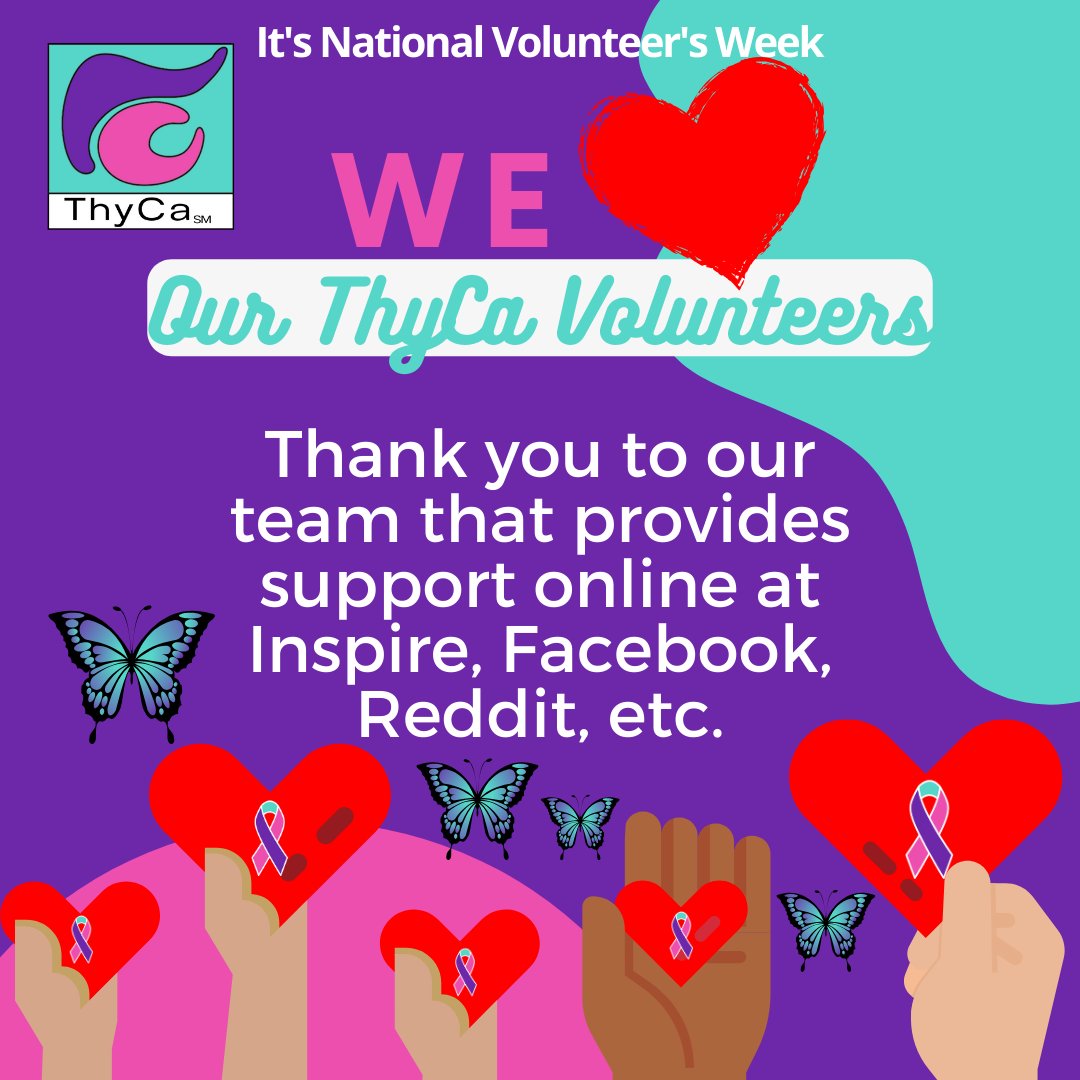 ThyCaInc's tweet photo. Behind the scenes here at ThyCa there's a small group of dedicated volunteers who are reaching out to many of you via social media, Reddit, Inspire, etc. THANK YOU to all of them!
#VolunteersMakeADifference
#ThyroidCancer #ThyCa #ThyCaWarrior #ThyCaSurvivor https://t.co/5TwGvSbsga