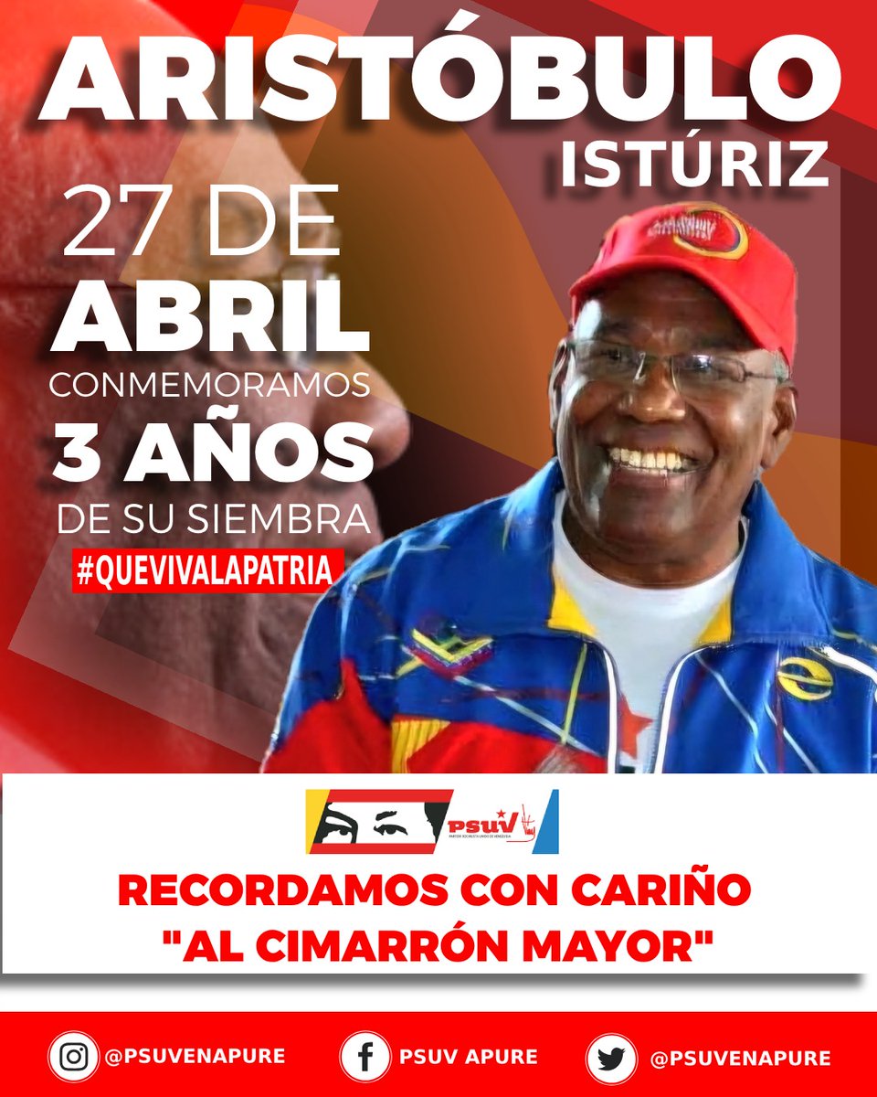 A tres años de la siembra del maestro Cimarrón Aristóbulo Istúriz hoy, recordamos su influencia, capacidad y gallardía en defensa de la revolución Bolivariana, un soldado, hermano defensor de los derechos sociales, entregado a su pueblo y a la construcción de la patria
