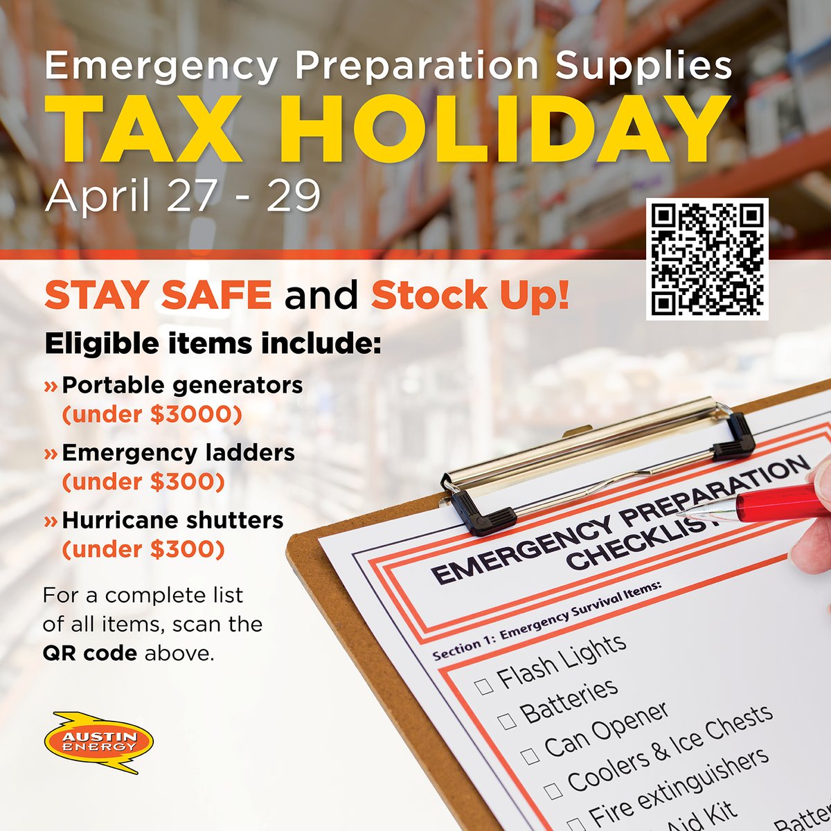 The statewide 2024 Emergency Preparation Supplies Sales Tax Holiday is this weekend. You can buy portable generators, emergency ladders, batteries, first aid kits & other emergency items tax free. For a complete list of eligible items & information: comptroller.texas.gov/taxes/publicat…