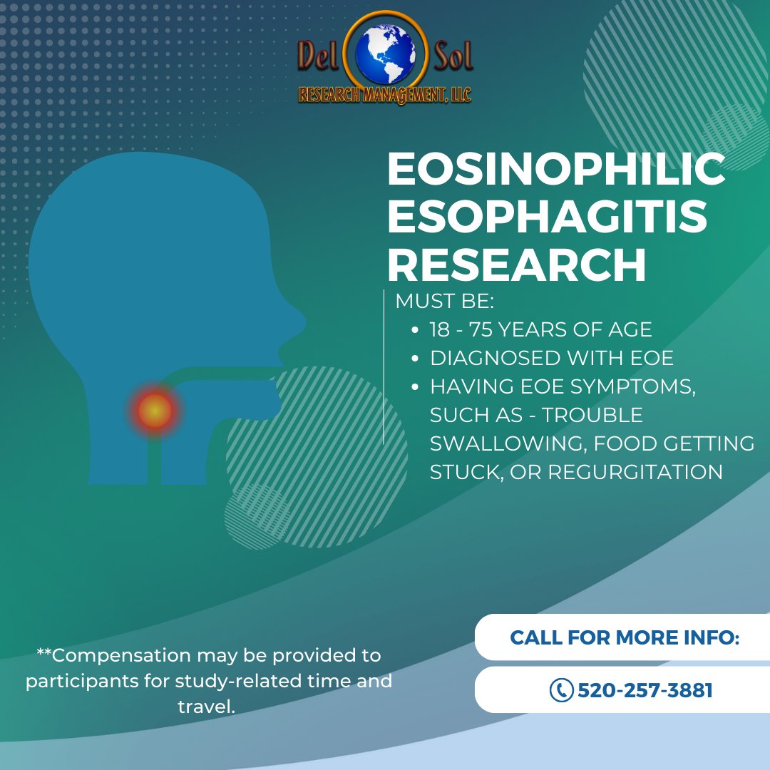 Help progress EoE research! 

Qualify if you're 18-75 years old, diagnosed with Eosinophilic Esophagitis & have symptoms like trouble swallowing. 

Call 520-257-3881 or visit delsolresearch.com/studies/#!/stu…

@DelSolResearch
#ad