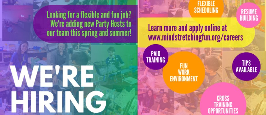 We're Hiring!
Join our team as a Party Host! Check our website for a full job description & application!
#summerjob #firstjob #noworkexperience #paidtraining #flexiblehours #highschooljob #collegejob #northtexas #Frisco #nonprofit #museumjob