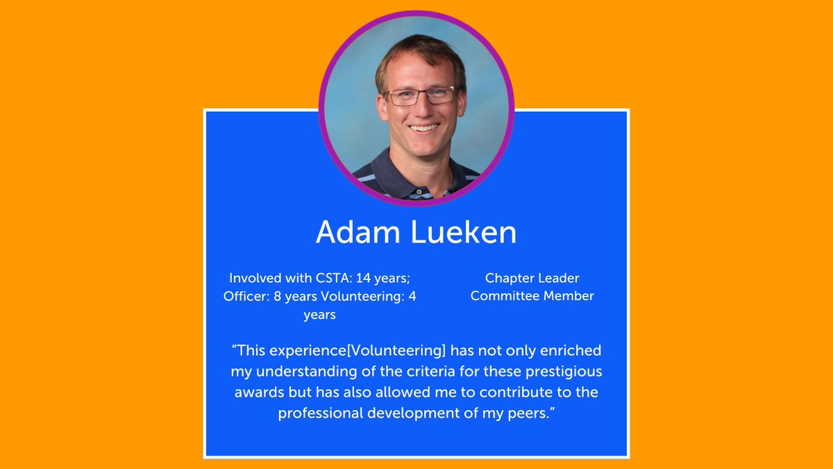 Meet CSTA volunteer Adam Lueken! Fun fact: Adam won the 2022 CS Teaching Excellence Award. Learn more about Adam here: csteachers.org/csta-volunteer…