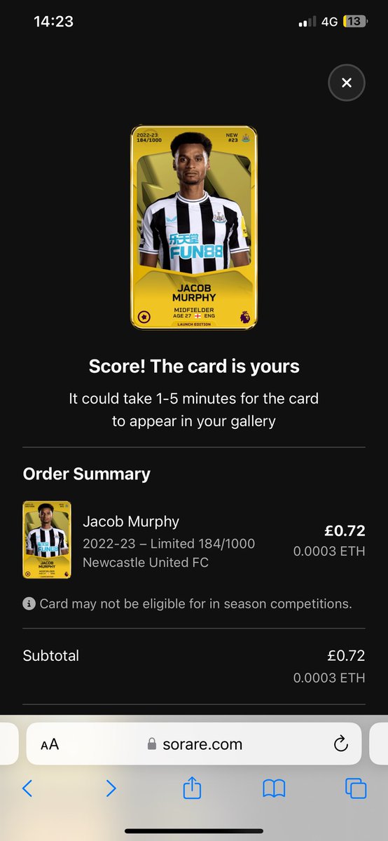 riversorare's tweet photo. So, I finally did it.
I bought a card primarily for a #Sorare #Rivals game. All 70p of him (yeah yeah - sorry @sorare - I even switched your ridiculous filter off and went to find his Launch Season edition for my #Newcastle #SoCollection …). Fair play it all worked beautifully and he’s now lined up for my #NEWSHU line up. Lets go!
And, welcome to the River Black Swans, Jacob Murphy!