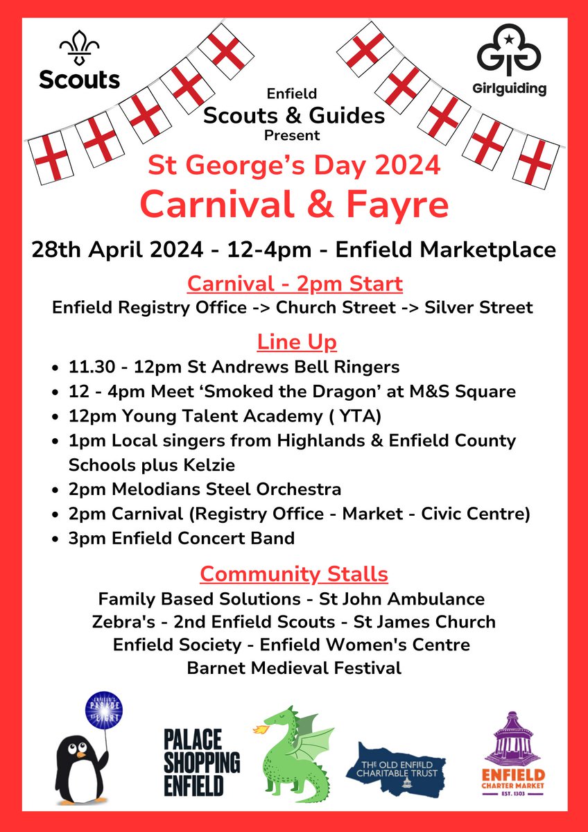 The  Festival team is delighted to be joining in tomorrow's St George's Day Carnival and Fayre in Enfield Town. We'll be promoting this year's Festival and selling tickets and merchandise, so come and say hello - we'll be in the Marketplace from noon to 4pm.