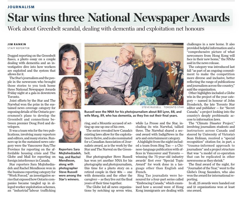 Honoured to have won the National Newspaper Award for photo story last night! Here is my @NNA_CCJ entry, Bill Lynn cares for his wife Margaret who has dementia. And congratulations to my colleagues @SaraMojtehedz, @rachelmendleson, & @TorontoStar/@thenarwhalca green belt team!