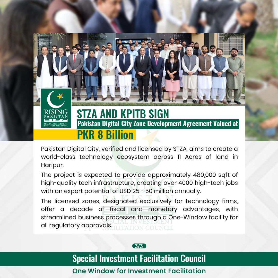 STZA and KPITB partner to establish Pakistan Digital City, a PKR 8 bn STZ. SIFC expedited the process while fostering cross-departmental cooperation to accelerate the development, recognizing STZs as crucial for economic growth. 🔗 sifc.gov.pk #STZA #STZ #Startups