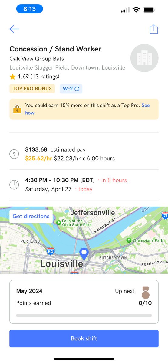 WhoCANWorrY's tweet image. #Instawork app has a concession position today at Louisville slugger field paying $22 an hour starting at 4:30pm. 

If you don’t see the position, take the concession quiz on the page. Once you pass it, you will if the spot isn’t filled.