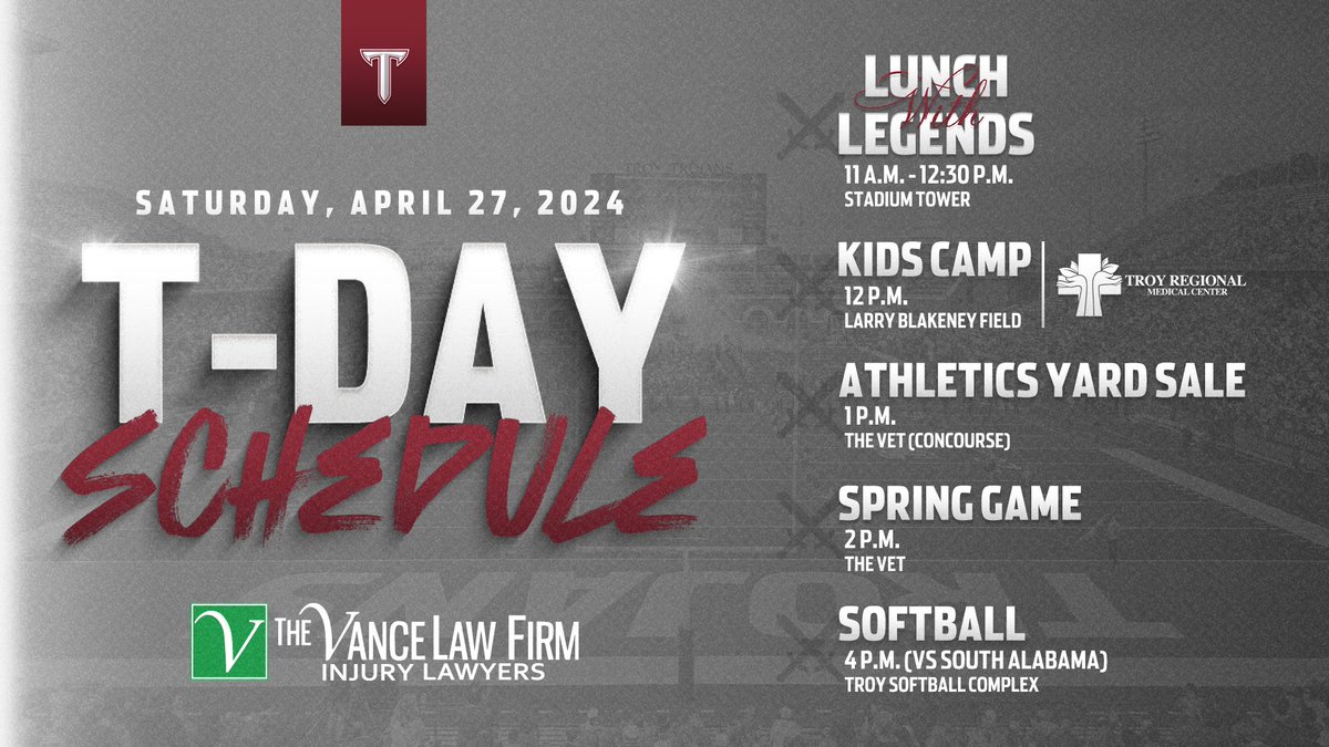 𝐈𝐓'𝐒 𝐆𝐀𝐌𝐄𝐃𝐀𝐘 𝐀𝐓 𝐓𝐇𝐄 𝐕𝐄𝐓‼️ T-Day is FINALLY here! Join us starting at 11:00 a.m. with Lunch with Legends! The Kid's Camp, Spring Game, and Softball Game all have 🎟️𝐅𝐑𝐄𝐄 𝐀𝐃𝐌𝐈𝐒𝐒𝐈𝐎𝐍🎟️ #OneTROY⚔️🏈