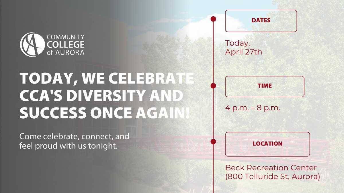 It's another day to celebrate our diversity and success at CCA! Don't miss the 2nd Annual Cultural Graduation and TRIO Award Banquet happening today. ⏰ 4pm to 8pm 📍Beck Recreation Center (800 Telluride St, Aurora) Join us for an evening of celebration, community, and pride.