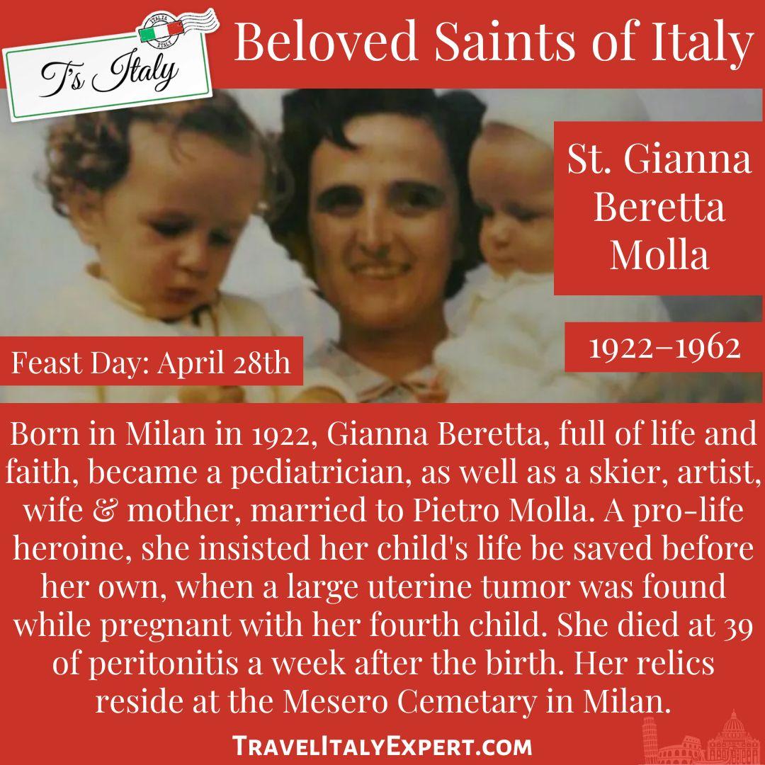 Pediatrician, wife & mother, #Saint Gianna Beretta Molla is a #prolife heroine who chose her child's life to be saved before her own during her pregnancy. She's the #patronsaint of doctors, mothers, wives, families & the unborn. Her feast day is April 28. travelitalyexpert.com/italian-saints/