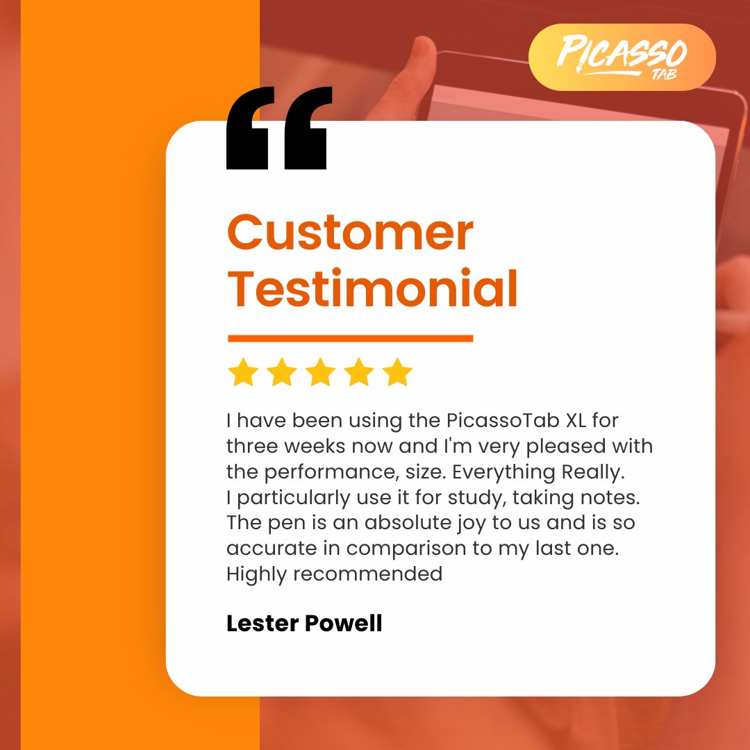 SimbansDotCom's tweet image. Discover the satisfaction of PicassoTab XL through Lester Powell&apos;s testimonial! Experience unparalleled performance and size, perfect for study and note-taking.

Don&apos;t forget to use #picassotab for a chance to be featured on our page.📸👀

simbans.com/products/picas…
.
#picassotabxl