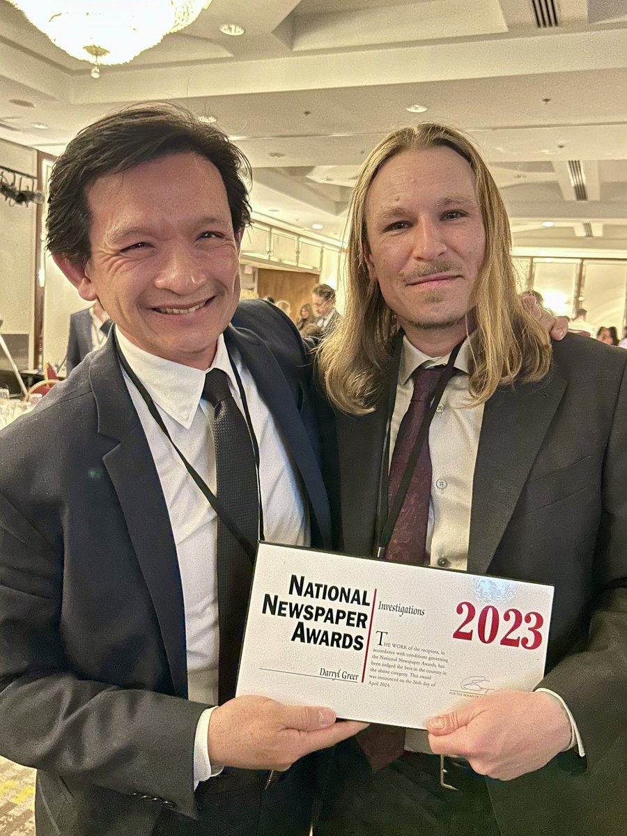 So proud to work with this guy at @CdnPressNews, Darryl Greer, winner of the 2023 National Newspaper Award for Investigative Journalism. Congratulations mate.