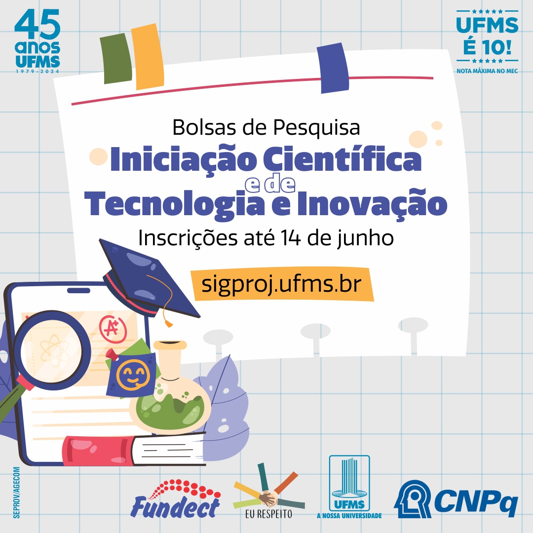 Estão sabendo da novidade? 👀 ➡️ As inscrições para propostas de bolsas de iniciação científica estão abertas até 14 de junho e devem ser enviadas no Sigproj por técnicos ou docentes doutores. Aproveite! 🔗 Acesse: link.ufms.br/MmBZO