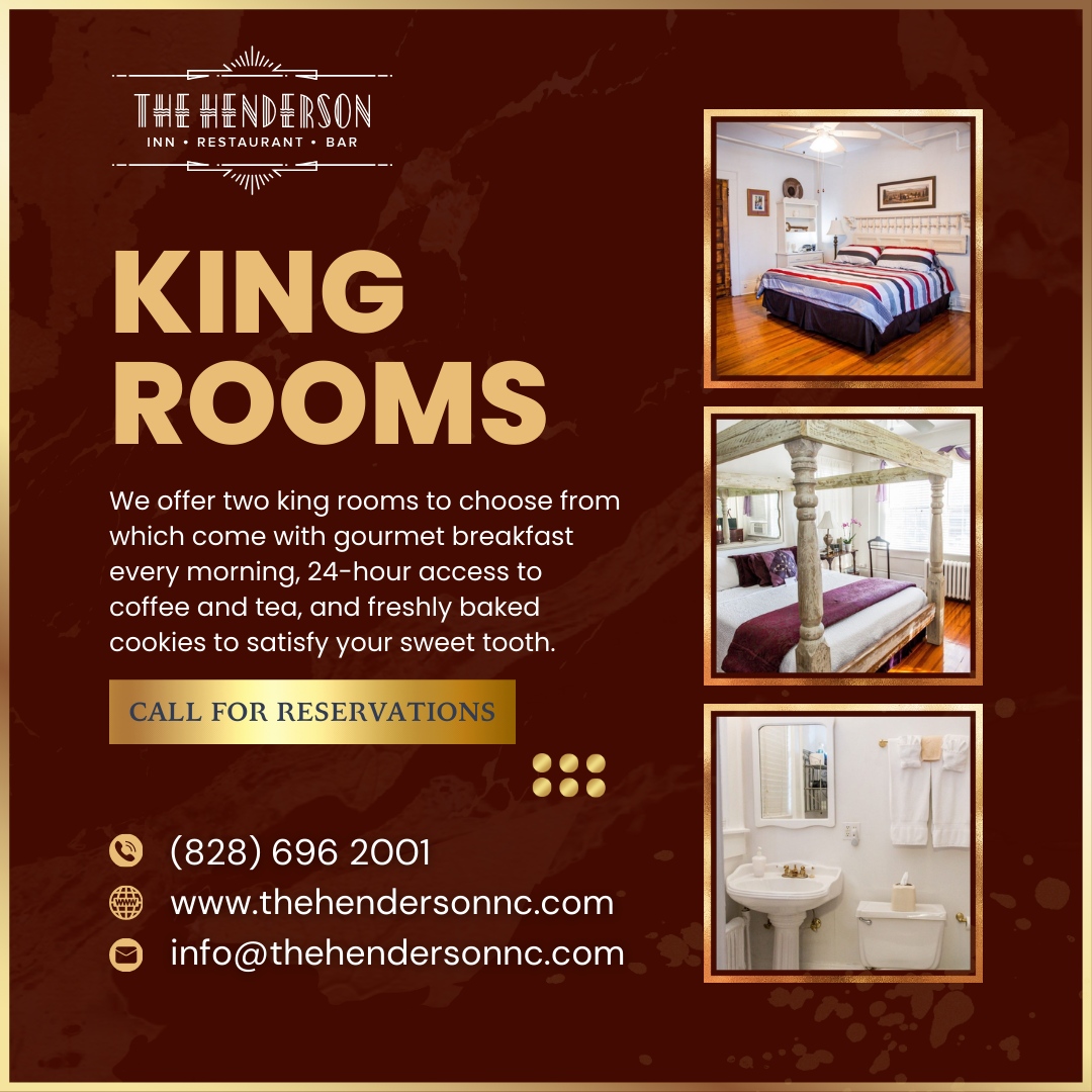 Treat yourself to a royal experience in our King Rooms - reserve your stay today!

🌐thehendersonnc.com
📞828-696-2001

#TheHendersonInn #BedAndBreakfast #DiningExperience #NCBedAndBreakfast