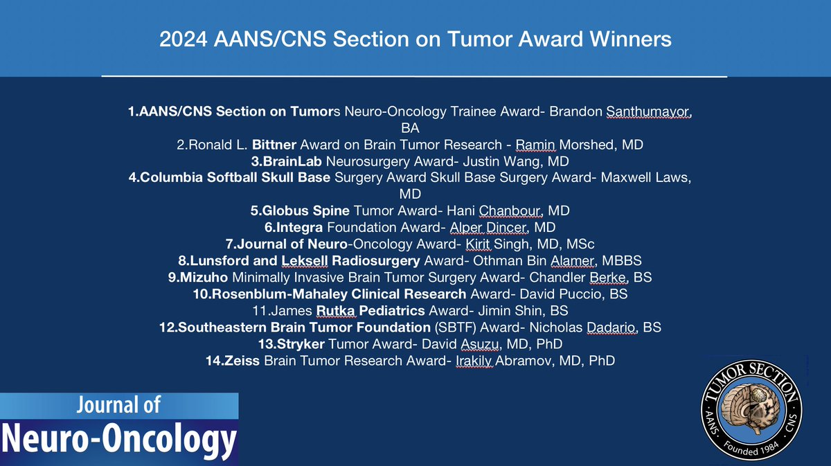 Congratulations to the AANS/CNS Tumor Section Award Winners being featured at the upcoming #AANS annual meeting! Cannot wait to see you there! #JNO #WhatMatters