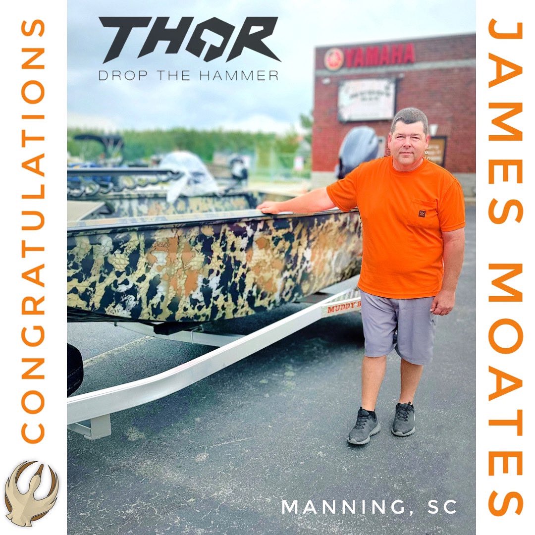 James Moates of Manning, SC with his rugged new THOR Boats 1754 Swamp Hammer in Rapture® Camo with the powerful YAMAHA® F6O. An serious waterfowler & fisherman, James knows how to  #LetsTakeItOutside
.
#Top100BoatDealer
#5StarCertified
#MuddyBay
#Duckmark
#Marshtide 
#TimberStorm