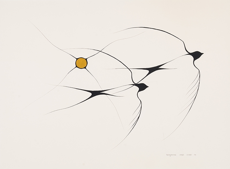 'Swallows in Flight' by Ojibway artist Benjamin Chee Chee, 1974. I love the elegance of line in this painting, and way it conveys the silent speed of the swallows' traversal of the sun. Also the synthesis of native Canadian, Japanese, and high-modernist European styles.