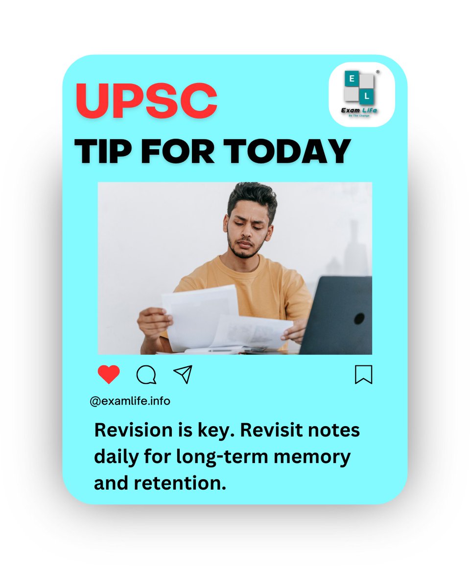 examlifedotinfo's tweet photo. Revisit your notes daily to solidify information in your long-term memory and ace the #UPSC exam.  

#Examlife #RevisionIsKey #MemoryRetention #DailyStudyHabit #UPSCPreparation https://t.co/OsZCZxH5fv
