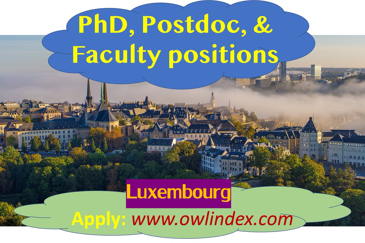 38 PhD, Postdoc, & Faculty positions in Luxembourg: owlindex.com/service-explor… 

#owlindex #PhD #PhDposition #phdresearch #phdjobs #postdoc #postdocs #Research #positions #researchers #Faculty #Assistant #Associate  #University #luxembourg #Luxembourgjobs #Luxembourgjob @owlindex