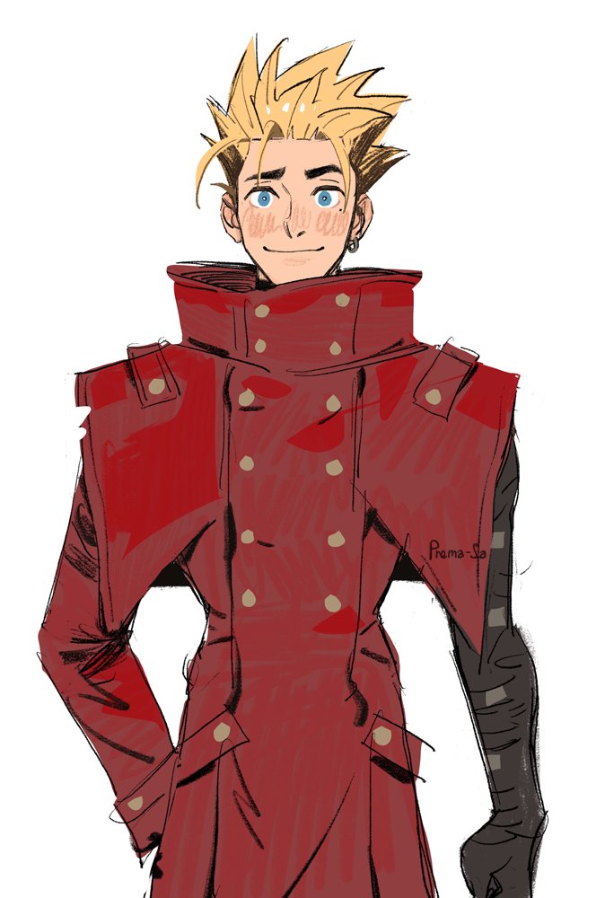 vash the stampede solo looking at viewer smile short hair blue eyes simple background blonde hair  illustration images