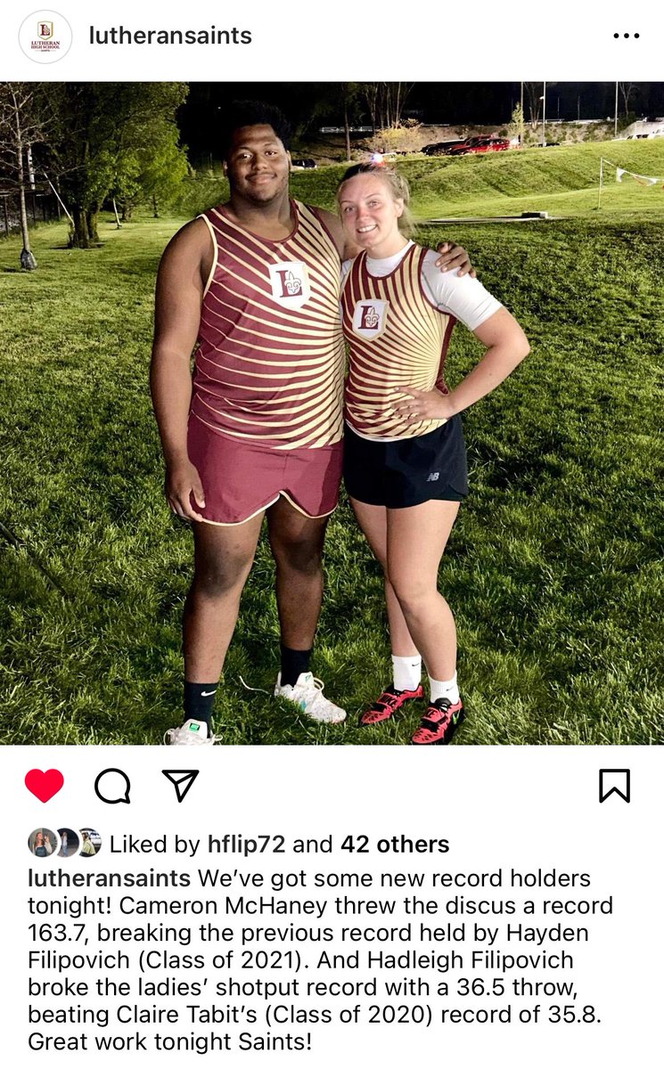 <a href="/CameronMchaney_/">Cameron Mchaney</a> and I have had a pretty good week! 💪🏼⚜️ #trackandfield #shotput #discus