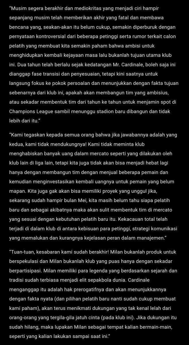terjemahan pernyataan Curva Sud Milano kepada manajemen Milan (Cardinale). silakan ditafsirkan sendiri.