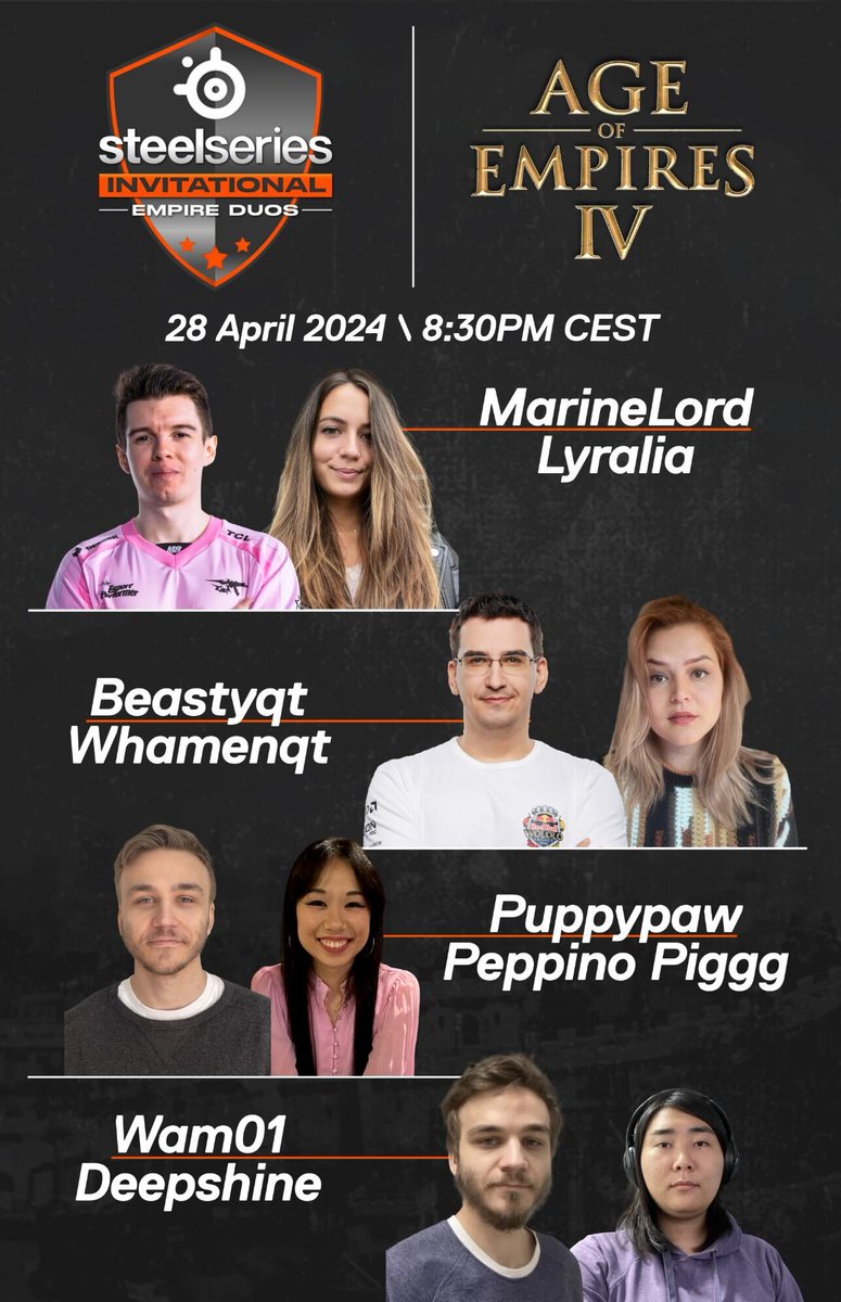 🏆SteelSeries x @AgeOfEmpires Series🏆 our AoE IV series is LIVE 📺 watch these duos face off for 👑 @BeastyqtSC2, @whamenqt, @MarineLorDSC2, @Lyralia_ 1puppypaw, peppino piggg, Wam, Deepshine tune in for a chance to win an Alias mic 🎙 🔴 twitch.tv/steelseries