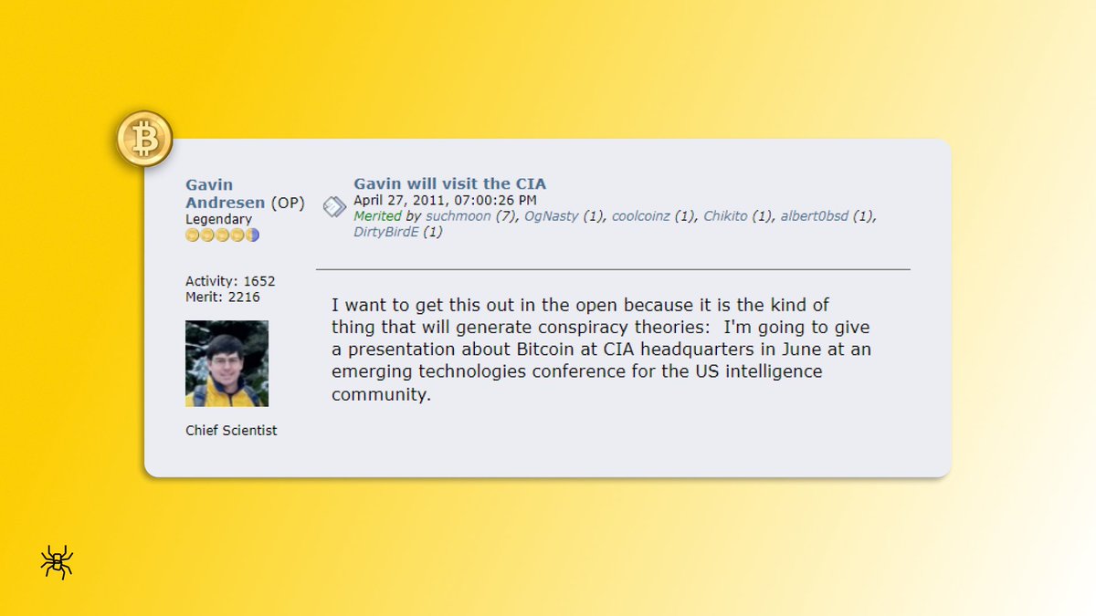 From the Bitcoin Historical Archives: Thirteen years ago today, early  Bitcoin developer Gavin Andresen told Satoshi Nakamoto about his plans to  visit the CIA and talk about Bitcoin; they never spoke again.