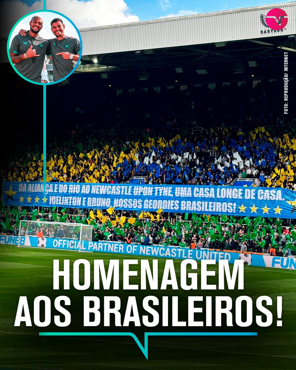 DO BRASIL PRA INGLATERRA! 🇧🇷🤝🏴󠁧󠁢󠁥󠁮󠁧󠁿 A torcida do Newcastle preparou uma homenagem aos brazucas do time, em especial ao Bruno Guimarães que pode renovar por mais uma temporada nas próximas semanas. #PremierLeague