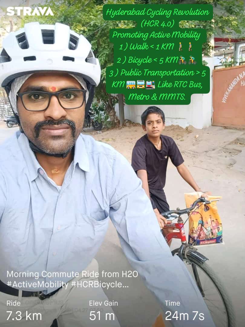 #HyderabadCyclingRevolution 
#CyclingCommunityOfHyderabad 
 #HCR4.0 promoting Active Mobility

Thanks @NTReddy6113 for leading Active Mobility by adopting 

1 ) Walk < 1 KM 🚶🚶
2 ) Bicycle 🚲 < 5 KM🚴‍♂️🚴‍♂️🚴‍♂️
3 ) Public Transportation > 5 KM 🚌🚍🚇🚈🚉
@sselvan @Ravi_1836 @md_hgcl