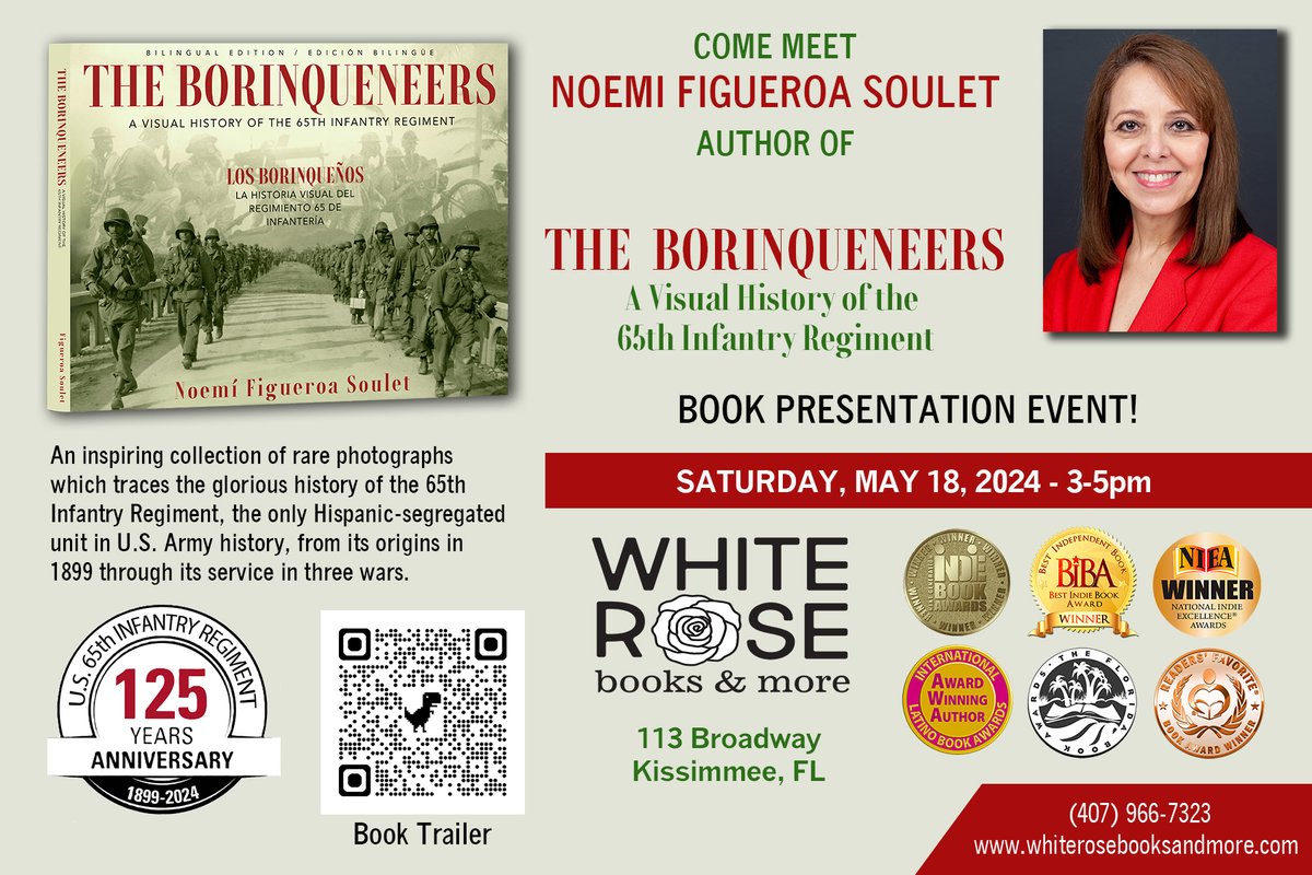 65_DocFilm's tweet photo. Book Presentation by Noemi Figueroa Soulet at WHITE ROSE BOOKS &amp; MORE, 113 Broadway, Kissimmee, FL on 𝗦𝗮𝘁., 𝗠𝗮𝘆 𝟭𝟴, 𝟮𝟬𝟮𝟰 𝗳𝗿𝗼𝗺 𝟯-𝟱𝗽𝗺. Purchase your copy of 𝑇ℎ𝑒 𝐵𝑜𝑟𝑖𝑛𝑞𝑢𝑒𝑛𝑒𝑒𝑟𝑠, 𝐴 𝑉𝑖𝑠𝑢𝑎𝑙 𝐻𝑖𝑠𝑡𝑜𝑟𝑦 𝑜𝑓 𝑡ℎ𝑒 65𝑡ℎ 𝐼𝑛𝑓 𝑅𝑒𝑔𝑡! https://t.co/9JsAjvDnuB