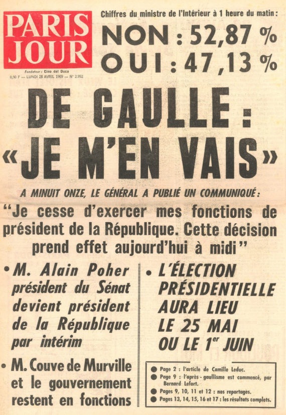 Il y a 55 ans, le 27 avril 1969, le général de Gaulle démissionnait de ses fonctions de président de la République suite au rejet par référendum de son projet de réforme du Sénat et de création de régions.

Un président de la République qui respectait le peuple !