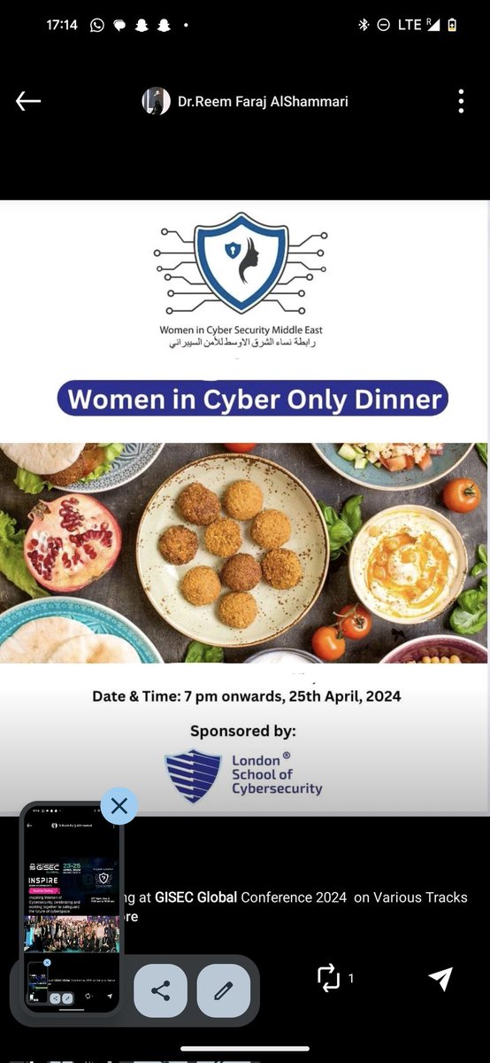 Q8Thunders's tweet image. Many thanks to our Esteemed @WiCSME Gatherings Sponsors:

#WiCSME Breakfast Gathering Sponsored by @GISECGlobal. 

#WiCSME Dinner Gathering Sponsored by London CyberSecurity School (lscs.io).