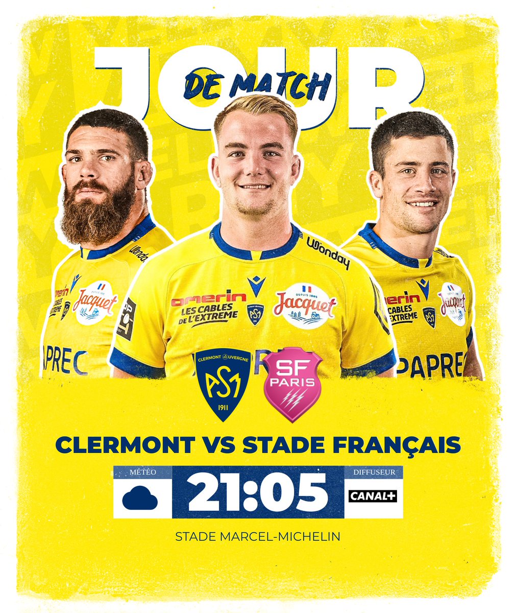 🟡🔵 𝗝𝗢𝗨𝗥 𝗗𝗘 𝗠𝗔𝗧𝗖𝗛 👊🏻 🆚 @SFParisRugby 🏉 @top14rugby 📍Stade Marcel-Michelin ⏱21h05 (coup d'envoi) 🎫 billetterie.asm-rugby.com/fr 📺 @canalplus 💨14-16° 👉🏻 #ASMSFP 🌋🌸 | #YellowArmy