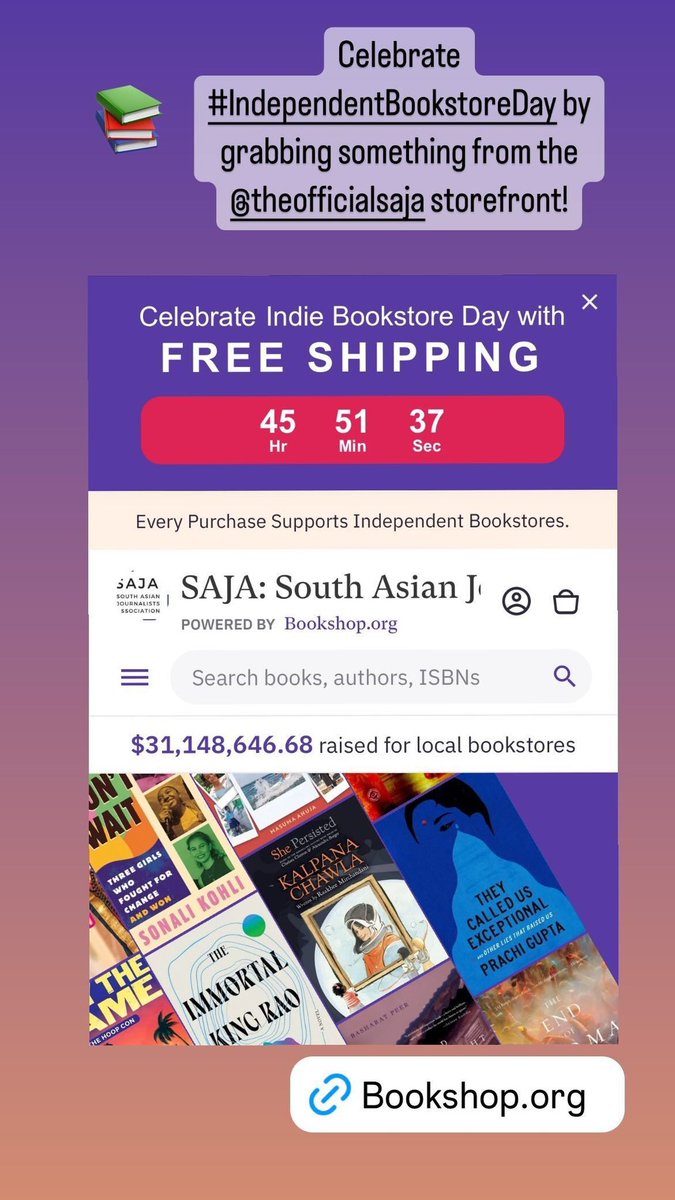 It's #IndependentBookstoreDay! Celebrate by checking out the SAJA Bookstore on @Bookshop_Org: bookshop.org/shop/Saja You'll find books by SAJA members and celebrity authors; books about South Asian history and more, all curated with love by book expert @LakshmiGandhi.